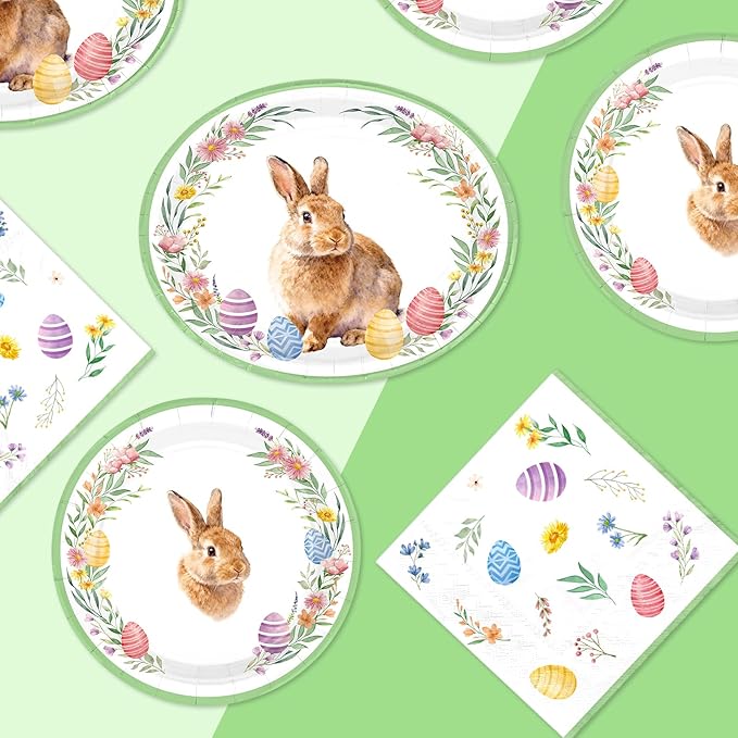 150Pcs Easter Bunny Party Decorations Easter Bunny Eggs Heavy Duty Large Oval Paper Plates and Napkins Spring Disposable Tableware Set for Rabbit Holiday Baby Shower Birthday Party Supplies Serves 50