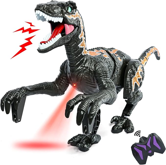 Remote Control Dinosaur Toys for Kid - Walking Dinosaur Toys for Boys 5-7，RC Jurassic Velociraptor Toys 8-12，Robot 3-5 with Light Sounds Birthday Gift Toy for Boys Age 3+ Rechargeable Black