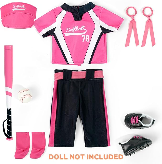 ARTST Softball Uniform Doll Outfit-18 inch Doll Clothes and Accessories Set-Hat Baseball Clothing Bat Shoes Socks, Valentine's Gifts for Girls Spring T-Ball