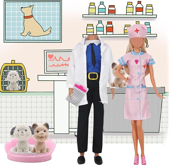 71Pcs Doll Clothes & Accessories for 12 Inch Boy & Girl Dolls - Pet Care Set Includes 25 Wear Clothes, Shirts, Jeans, Suits, Shoes, Pet Doctor Playset, Trolley, Backpack