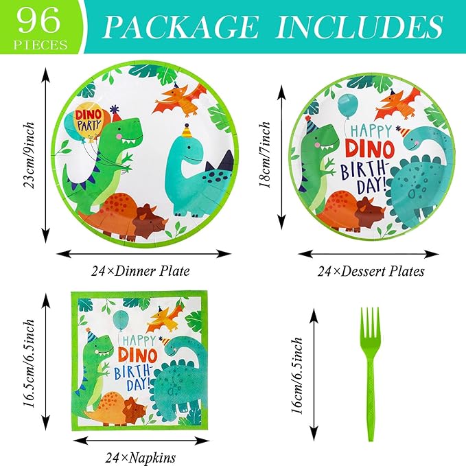 96 Pcs Dinosaur Party Supplies, Dinosaur Theme Birthday Party Decoration Includes Plates Napkins Forks, Dino Tableware Set for Birthday, Serves 24 Guests