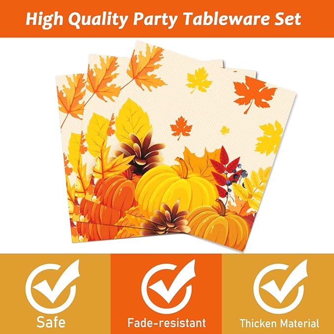 gisgfim 96 Pcs Thanksgiving Fall Plates and Napkins Party Supplies Autumn Leaves Tableware Set Thanksgiving Pumpkin Maple Party Decorations Favors for Fall Theme Birthday Serves 24