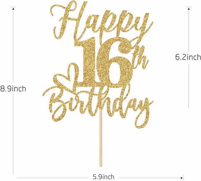 Happy 16th Birthday Cake Topper, 16th Birthday Decorations, Sweet Sixteen, Cheers to 16 Years, 16th Happy Birthday Party Decorations Supplies Gold Glitter