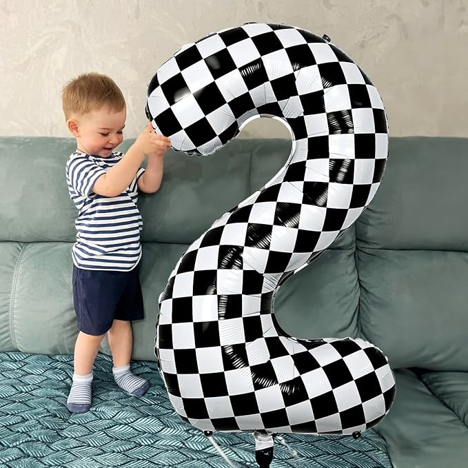 Number 7 Balloon for Boys, Giant Checkered Self Inflating Number 0-9 Set Decor for Girls, 40 Inch Foil Helium Black and White Racing 7 Balloon for 7th Birthday Race Car Flag Party Decoration Supplies