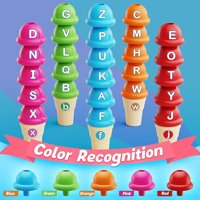 Alphabet Learning Toys,Ice Cream Toys Play Set,ABC Learning for Toddlers Kids,Matching Letter Game,Color Sorting,Montessori Fine Motor Stacking Toys,Kindergarten Preschool Learning Activities