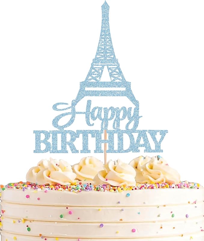 Eiffel Rower Birthday Cake Topper - Light Blue Glitter Eiffel Rower Theme Birthday Party Cake Decoration Supply - Boy or Girl Architecture Theme Party Cake Decor Photo Prop