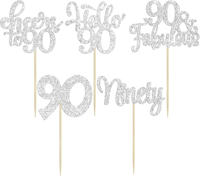 30pcs Happy 90th Birthday Cupcake Toppers - Silver Glitter Ninety Cheers to 90 Years Old Cupcake Picks for Anniversary Party Cake Decorations