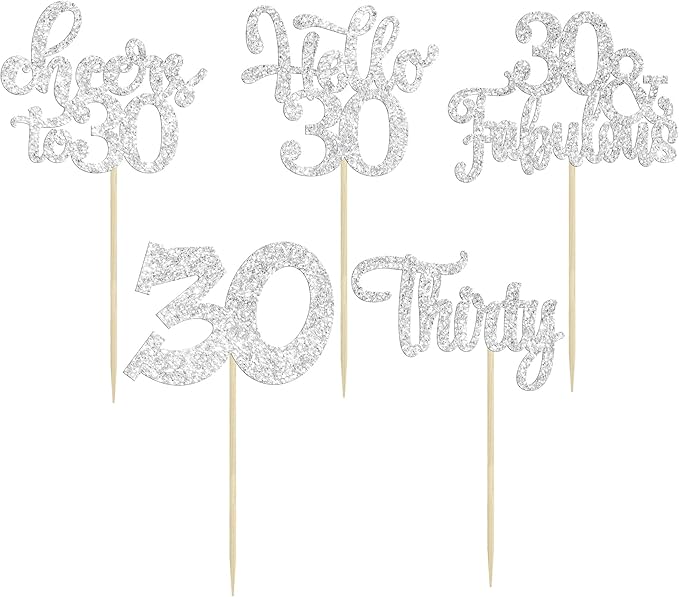 30Pcs Happy 30th Birthday Cupcake Toppers Silver Glitter Thirty Cheers to 30 Birthday Cupcake Picks for Happy 30th Anniversary Party Cake Decorations Supplies