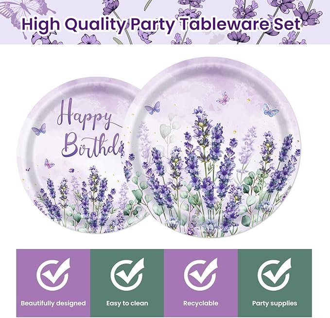96Pcs Purple Party Supplies Lavender Paper Plates Napkins Watercolor Blooming Floral Cake Dessert Butterfly Birthday Floral Tableware for Birthday Wedding Picnic Baby Shower Decorations | 24 Guests