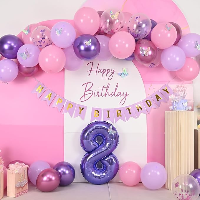 8th Birthday Decorations for Girl,Pink Purple 8th Butterfly Decoration Birthday Balloons Pink Purple Banner Number 8 Balloons Cake Topper Butterfly Party Supplies for Girls