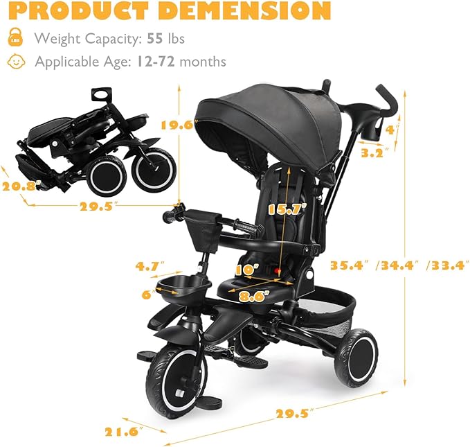 Folding Kids Tricycle, 8 in 1 Toddler Trike W/Removable & Adjustable Canopy, Parent Handle, 5-Piont Harness, Toddler Bike Tricycle for Kids 1-6 Years, EVA Wheels, Storage Basket, Black
