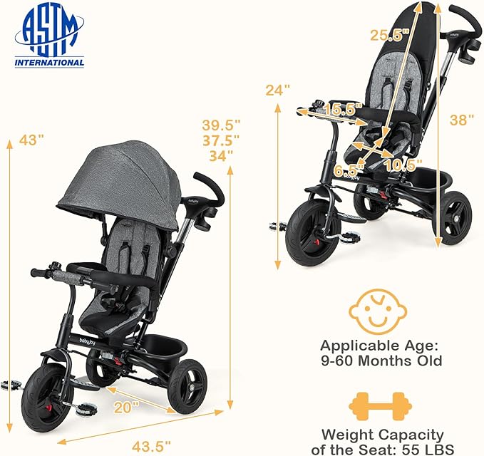 BABY JOY Tricycle, 6 in 1 Trike for Toddler w/Reversible Seat, Adjustable Canopy & Parent Handle, 5-Point Safety Belt, PU Wheels and Storage Basket, Push Tricycle for 9-60 Months (Gray)