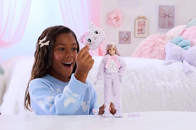 Barbie Cutie Reveal Doll & Accessories, Cuddly Series Kitten with 10 Surprises Including Color Change & Mini Pet