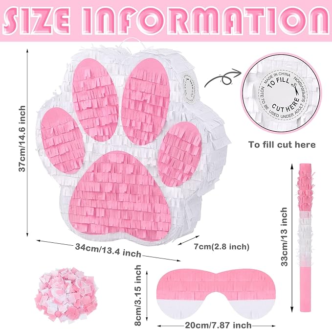 Small Dog Paw Piñata Puppy Birthday Party Supplies Animal Themed Birthday Piñata with Blindfold Bat Confetti for Pet Cow Themed Party Baby Shower Decorations Favors(Pink)
