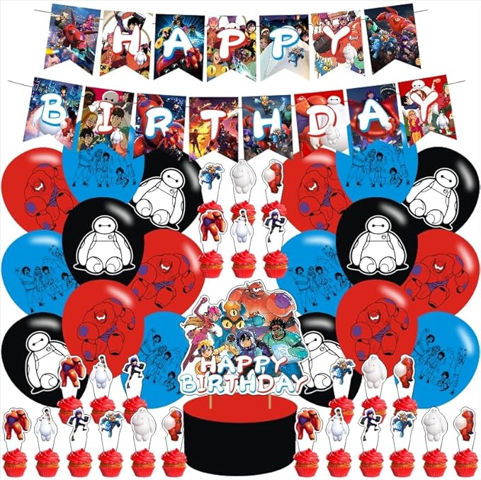Big Hero 6 Party Decorations,Cute Cartoon Big Hero Birthday Party Supplies For Party Supplies Includes Banner - Cake Topper - 24 Cupcake Toppers - 18 Balloons