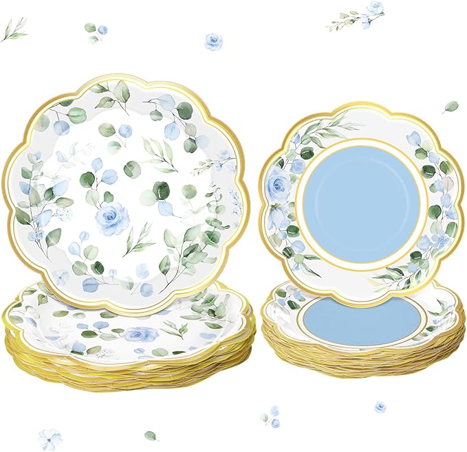 60 Pcs Eucalyptus Paper Plates 9 in and 7 in Blue Dessert Party Plates with Gold Rim Disposable Floral Shape Tableware for Wedding Birthday Party Baby Shower Bridal Shower
