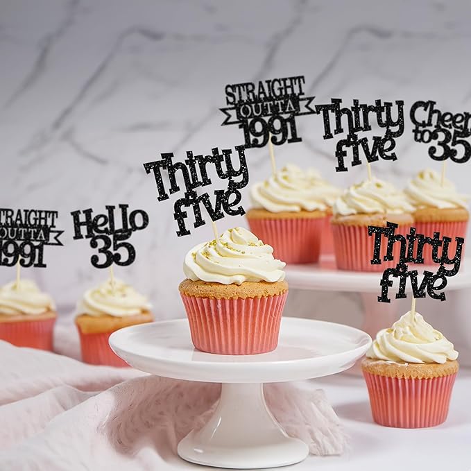 Ephlyn 24Pcs Happy 35th Birthday Cupcake Toppers Black Thirty Five Cupcake Picks Hello 35 Cheers to 35 Years Birthday Cake Decorations for 35th Birthday Anniversary Party Decor Supplies