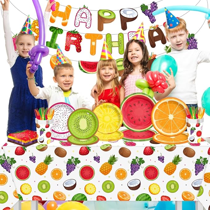 Fruit Birthday Decorations-143Pcs Fruit Theme Plates and Napkins Kit Summer Tutti Frutti Tableware Serves 20 Guests for Birthday Party