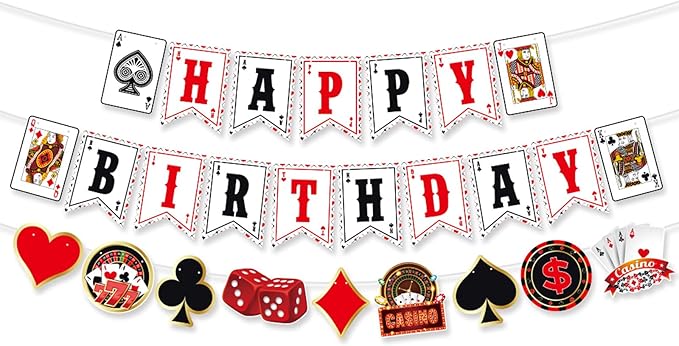 Zwiebeco Casino Theme Happy Birthday Banner Colorful Poker Sign Hanging Paper Party Decorations for Men Women Playing Cards Game Themed Accessories Supplies