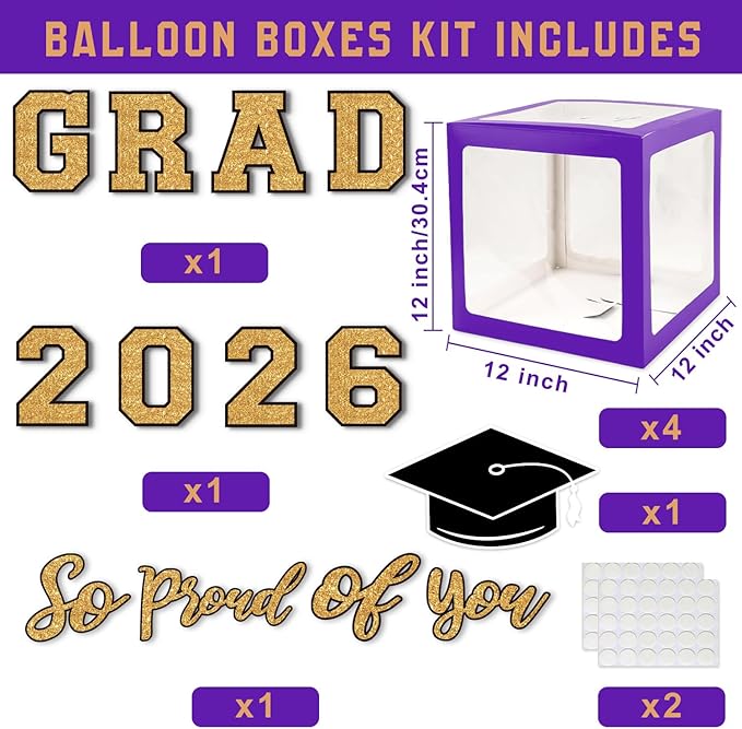 Purple and Gold Graduation Decorations 2026, Graduation Decorations Set of 4 Balloons Boxes with Letters 2026 GRAD So Proud of You, Congrats Grad Decorations for High School & College