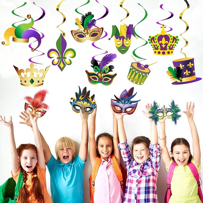 Mardi Gras Hanging Swirl Decorations - 36Pcs Mardi Gras Crown Mask Ceiling Hanging for Masquerade Party Decorations Gold Green Purple Foil Swirl New Orleans Celebration Mardi Gras Party Supplies