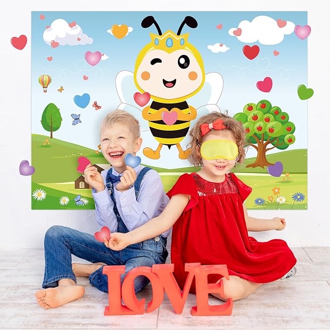 Hooqict Valentines Games for Kids Party Pin The Heart on The Bee Valentines Day Party Games Activities Galentines Day Decorations, Large Pin The Tail Poster with 36 Stickers