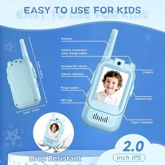 Video Walkie Talkies for Kids, Handheld 2 Pack Rechargeable Video Intercom Kids Walkies Talkies, Indoor Outdoor Toys for Family Games, Outside, Camping, Hiking for Boys Girls Ages 3-12 (Blue/Blue)