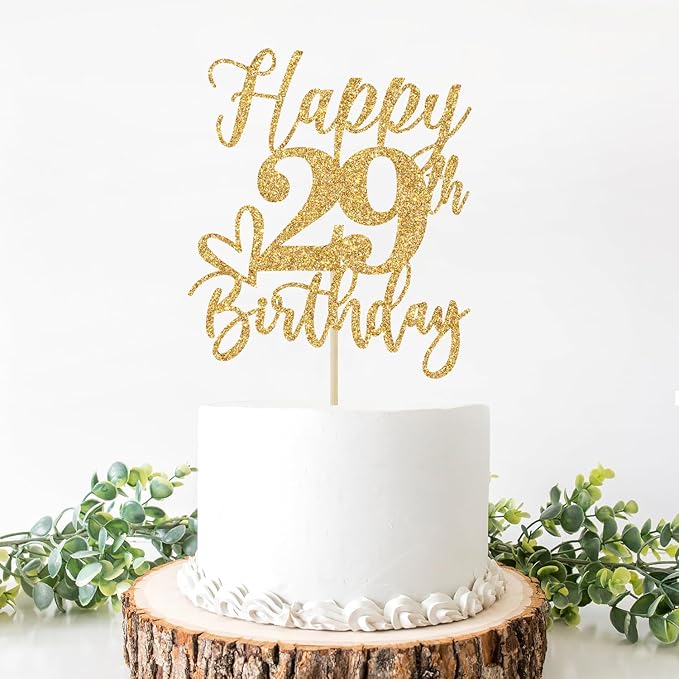 Gold Glitter Happy Birthday Cake Topper, Funny Party Supplies (29th Birthday, Gold Glitter)