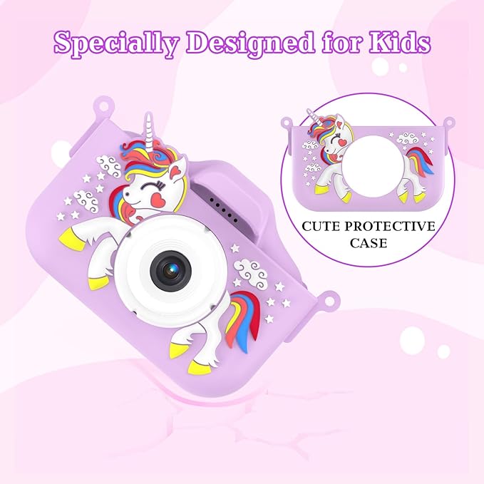 Kids Camera for 3-9 Year Old Boys Girls, Children Digital Camera with Cute Cartoon Soft Cover & 32GB SD Card, Best Christmas Birthday Gifts for Grandkids, Halloween Party Favors for Kids - Purple