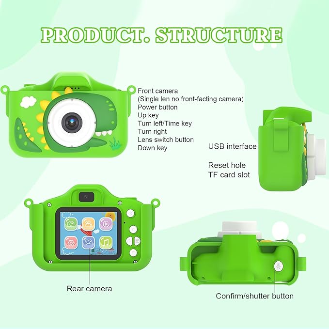 Kids Camera for 3-9 Year Old Boys Girls, Children Digital Camera with Cute Cartoon Soft Cover & 32GB SD Card, Best Christmas Birthday Gifts for Grandkids, Halloween Party Favors for Kids - Green