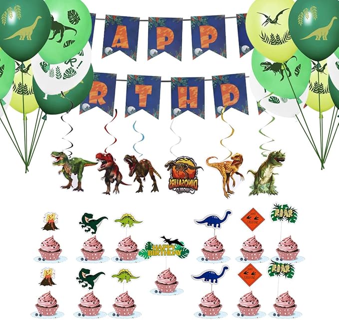 Dinosaur Birthday Party Supplies Kit For Boys, Dinosaur Party Decorations-20 Guest-Include Dino Plates Cups Napkins Banner Cutlery Balloon Tablecloth Straws Toppers