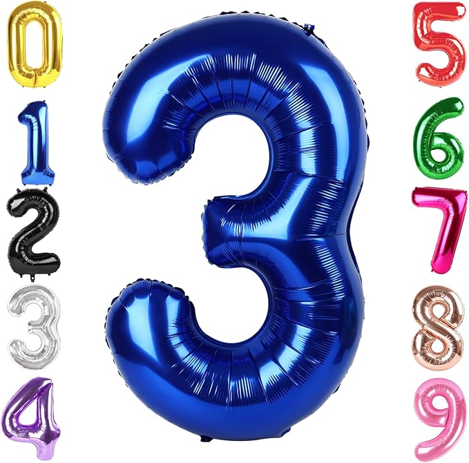 40 Inch Night Blue Number 3 Balloon, Giant 3 Number Balloons for 3rd Birthday Decorations, Party Supplies for Baby Boy Girl, Night Blue Party Decor