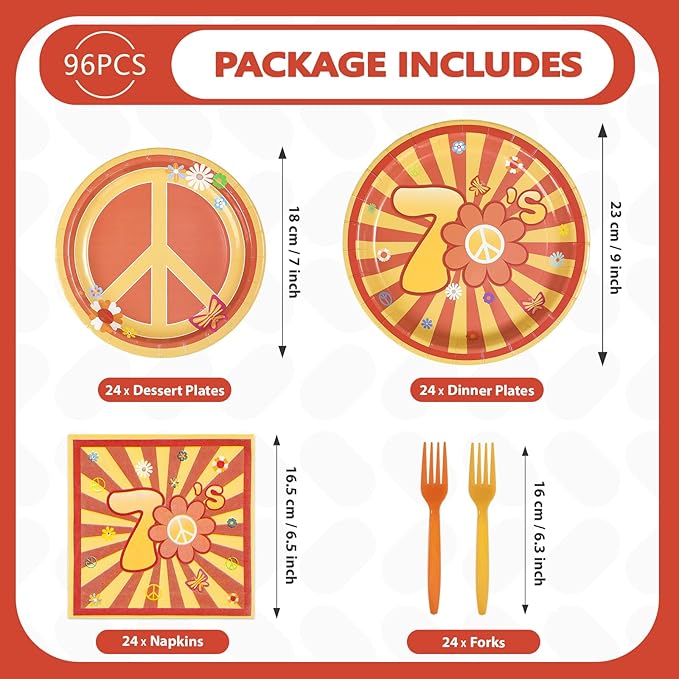 96Pcs 70s Party Decorations Hippie Daisy Flower Plates and Napkins Hippie Peace Symbol Tableware for Baby Girl Theme Groovy Yellow Birthday 70s Retro Baby Shower Party Supplies Serves 24