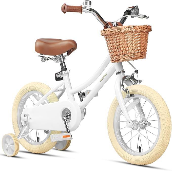 Petimini Vintage Kids Bike for Girls, 12–20 Inch Classic Bicycle with Wicker Basket & Bell, High Tensile Steel Frame, Training Wheels (12–18”), 85% Pre-Assembled, Retro Bike for Outdoor Riding