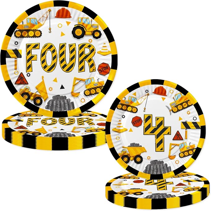 118 Pcs Construction 4th Birthday Decor Construction Four Years Old Paper Dinner Plates Napkins Forks Cups Tablecloth Banner Dinnerware for Dump Truck Theme Fouth Bday Party Supplies Decorations
