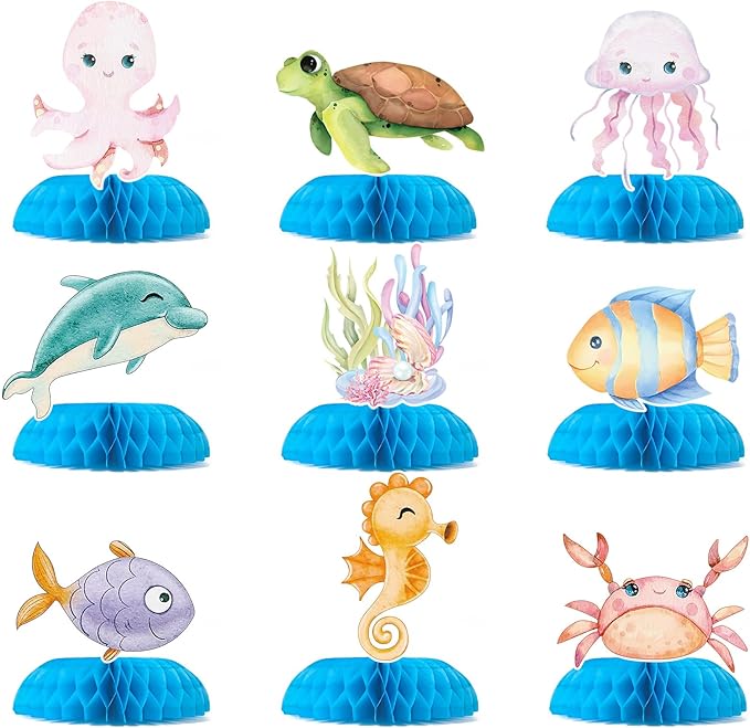 9 Pcs Ocean Animal Table Honeycomb Centerpieces, Ocean Theme Happy Birthday Party Decorations for Boys Girls Baby Shower, Standing Card Party Decor Party Supplies