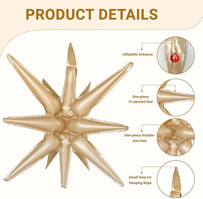 6 Pcs Foil Balloons Gold and Caramel Colour One-Piece 14-Pointed Star Balloon 4D Starburst Cone Mylar Balloon 22inch Christmas Birthday Wedding Party Supplies (Gold + Caramel Colour)