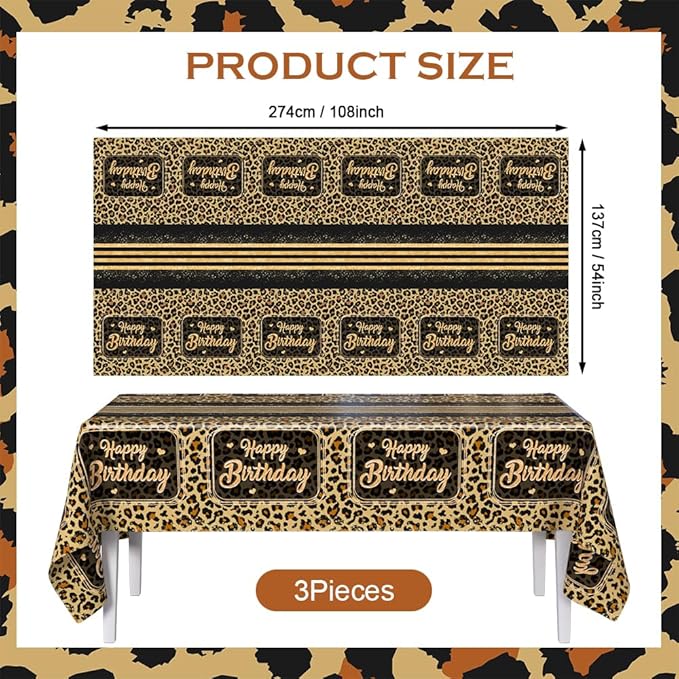 3 Pieces Brown Cheetah Print Birthday Decorations Tablecloth Black Leopard Print Birthday Party Decorations Supplies Cheetah Plastic Table Cloth Disposable Table Covers 108 x 54 Inch
