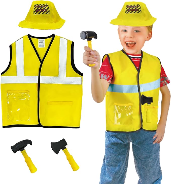 4 Sets Dress Up Clothes for Kids, Pretend Dress Up Trunk of Firefighter costume/Doctor/Policeman/Construction Worker Role Play Set with Realistic Accessories