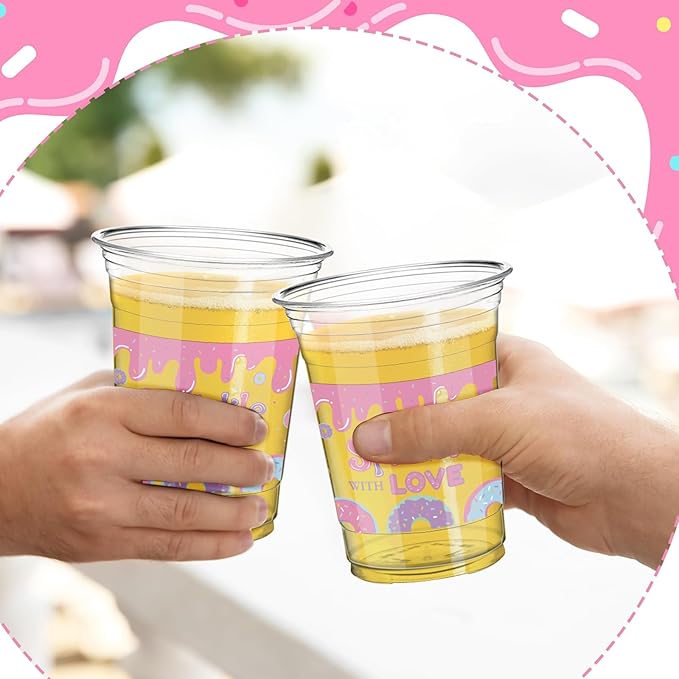 Qinyoung 50 Pcs 16 oz Pink Donut Sprinkle Cups for Donut Baby Shower Decorations Baby Shower Cups Plastic Disposable Drinking Birthday Party Supplies