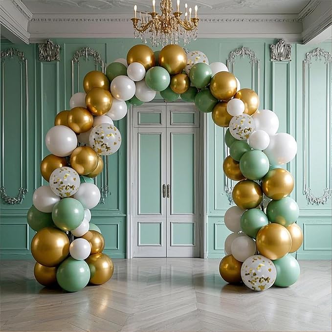 Sage Green Balloons, 60pcs 12inch Sage Green White Metallic Gold Confetti Balloons for Boho Birthday Baby Shower Bridal Shower Wedding Summer Party Decorations