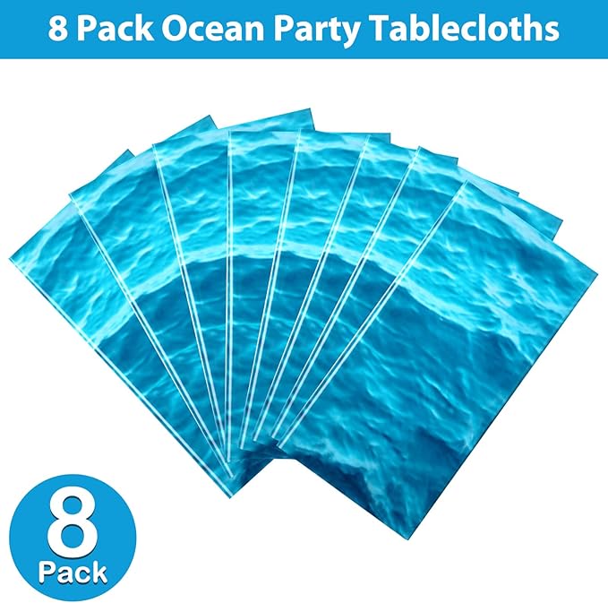 Irenare 8 Pieces Ocean Waves Plastic Tablecloth 54 x 108 Inch Ocean Table Cover Water Print Table Cover Sea Tablecloth Blue for Beach Pool Birthday Party Decoration Shower Supplies