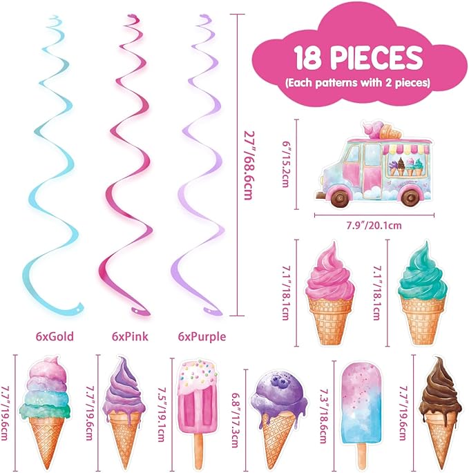 WERNNSAI 18PCS Ice Cream Hanging Swirls Party Decorations Summer Ceiling Streamers Decor Sweet Ice Cream Party Swirls Supplies for Girls Birthday Baby Shower
