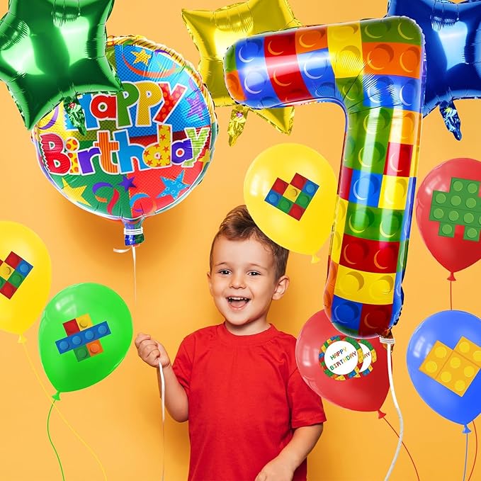 40 Inch Building Block Number Balloon, Colorful Number Block Foil Balloons Large Big Numbers Helium Balloon for Girls Boys 7th Birthday Brick Theme Party Decorations (Number 7)