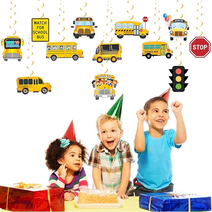 Wheels On The Bus Party Decorations Yellow School Bus Birthday Party Decor Supplies Includes Happy Birthday Banner Hanging Swirls Cute Back to School Honeycomb Centerpiece