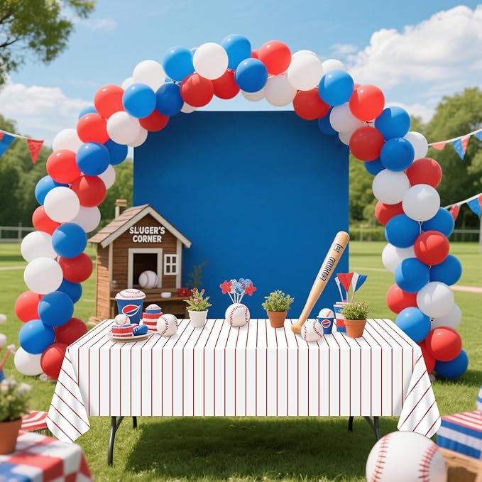 Baseball Tablecloths, 4 Pcs Red and White Stripe Plastic Table Covers for Baseball Birthday Decorations Sports Theme Party Supplies