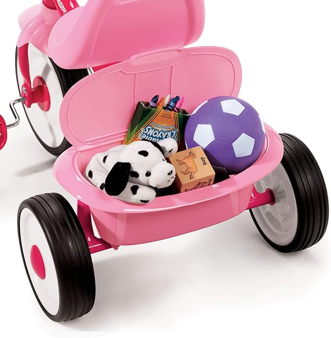 Radio Flyer 415PS Kids Readily Assembled Steel Framed Adjustable Beginner Fold 2 Go Trike with Spacious Storage Bin and Handle Streamers, Pink