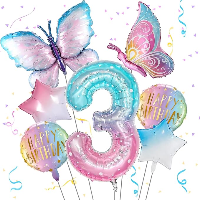 Butterfly 3rd Birthday Decorations for Girls, Gradient Pink Colorful Foil Balloon, Giant Number 3 Mylar Balloon, 3 Years Old Theme Party Supplies Decor