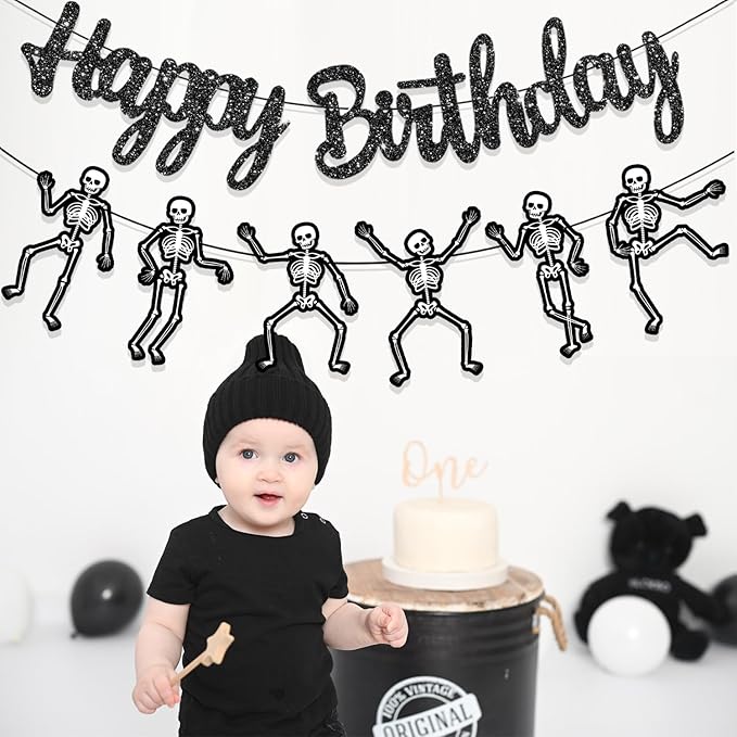 Skeleton Birthday Party Banner Halloween Party Decorations Dancing Skeleton Cutout Banner Glitter Black Skull Party Decoration for Halloween Holiday Celebration Supplies