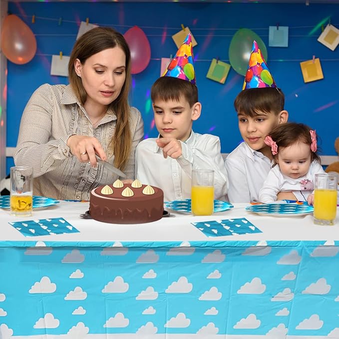 Blue Sky White Clouds Birthday Party Supplies, 20 Plates and 20 Napkins and Tablecloth71 '' x 42.5 '', Blue Sky Cartoon Theme Birthday Party Decorations for Baby Kids Shower